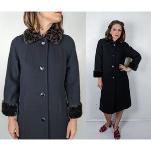 vintage 90s Black LEOPARD PRINT Faux Fur Trim COAT Medium wool winter petite